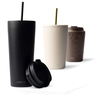 Abbildung von MAMEIDO Thermobecher mit Strohhalm 700ml &amp; 470ml Trinkbecher Deckel und aus Edelstahl doppelwandig isoliert, auslaufsicher Coffee to go Becher (Rich Black, 0,7l)