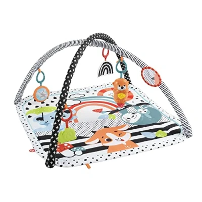 Abbildung von Fisher Price Tierfreunde Kontrast Spieldecke, Spielbogen, mit Musik und Licht, Krabbeldecke für Baby, zum Spielen im Bauchlage, Baby Ausstattung, ab Geburt, HPF39