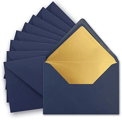 Abbildung von 75x metallic Gold gefütterte Brief Umschläge DIN C5, dunkel blau 156 x 220 mm Nassklebung mit spitzer Klappe FarbenFroh by GUSTAV NEUSER
