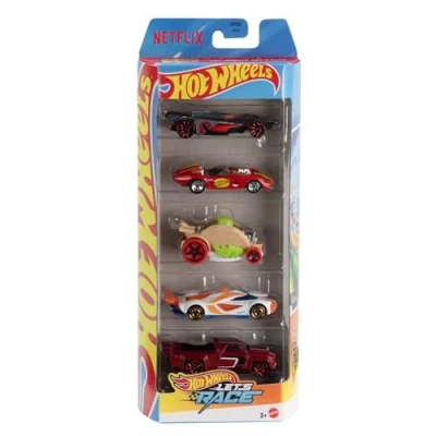 Abbildung von Hot Wheels Spielzeugautos, Set aus 5 Die Cast Fahrzeugen im Maßstab 1:64 der Netflix Zeichentrickserie Let‘s Race, JDR20