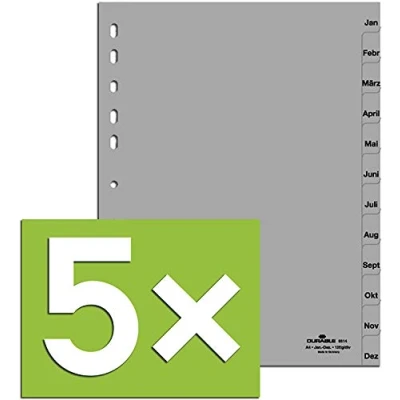 Abbildung von Durable Register für DIN A4, volldeckend (5er Pack grau, Jan Dez)
