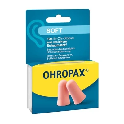 Abbildung von OHROPAX Soft Ohrstöpsel IN Ohr Stöpsel aus weichem Schaumstoff besonders unauffällig und bequem Schalldämmwert SNR 31 dB ideal zum Entspannen, Schlafen Arbeiten 10 Stück