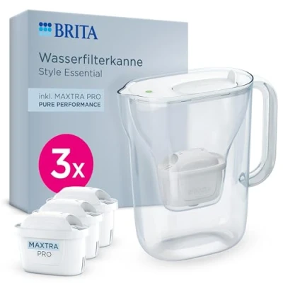 Abbildung von BRITA Wasserfilter Kanne Style Essential weiß (2,4l) inkl. 3x MAXTRA PRO Pure Performance Kühlschrankgeeignete mit Smart Light LED &amp; Klapp Deckel, filtert Verunreinigungen mehr