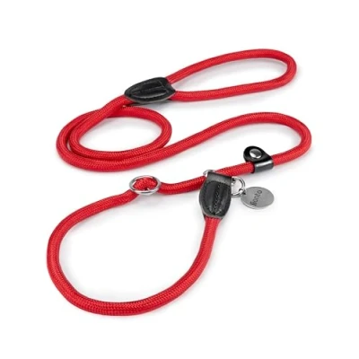 Abbildung von lionto Retrieverleine robust und wetterfest für Hunde Aller Größen, schnell anzulegende Hundeleine Halsband in Einem, 120 cm, fellschonende Führleine mit integriertem Zugstopp, vegan, rot