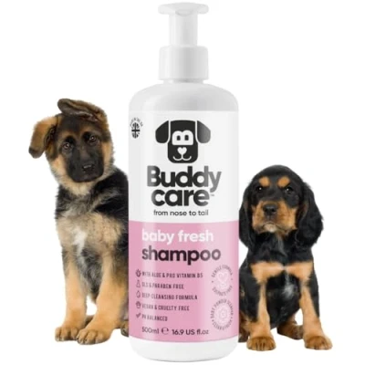 Abbildung von Buddycare Baby Fresh Dog Shampoo für müffelige Hunde ab 8 Wochen Puder duftendes Welpen mit Aloe Vera und Provitamin B5 (500ml)