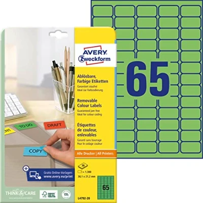 Abbildung von AVERY Zweckform L4792 20 Grüne Etiketten (1.300 Aufkleber, 38,1x21,2 mm auf A4, wieder rückstandsfrei ablösbar, selbstklebende Farbetiketten, Papier matt, bedruckbare, farbige Klebeetiketten) Blatt