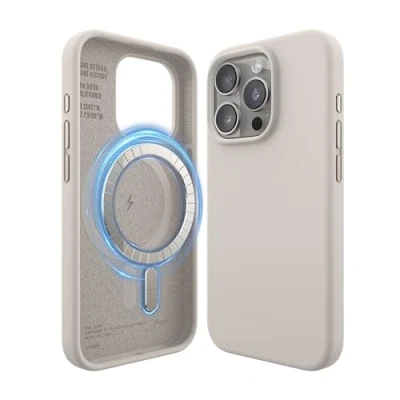 Abbildung von elago Magnetische Silikonhülle Kompatibel mit iPhone 15 Pro Hülle, MagSafe Alles Zubehör, Integrierte Magnete, Premium Silikon, Ganzkörper Schutzhülle [5 Lagige Struktur] (Taupe)