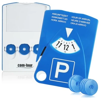 Abbildung von com four® 2X Parkscheibe mit Parkscheinhalter, Gurtschneider und Einkaufswagenchips Parkuhr aus Kunststoff (2 Stück Scheibe Chips Cutter)