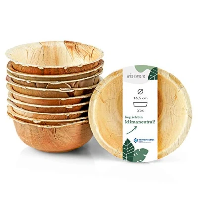 Abbildung von Wiseware Palmblatt Schale 350 ml 25 Stück runde Einwegschüsseln Ø 16,5 cm biologisch abbaubare Schalen kompostierbares Partygeschirr nachhaltiges Bio Einweggeschirr