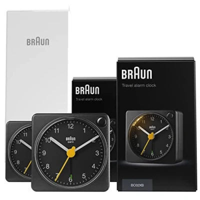 Abbildung von Braun Klassischer analoger Reisewecker mit Schlummerfunktion und Licht, kompakte Größe, ruhiges Quarzuhrwerk, Crescendo Alarm, schwarzes Modell BC02XB (2 Pack).
