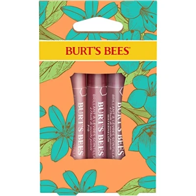 Abbildung von Burt&#039;s Bees Lippenfarben Geschenkset, 3 Lippenschimmer in Pfingstrosen , Rhabarber und Feigenfarben, Blütenblattküsse, x 2,6 g