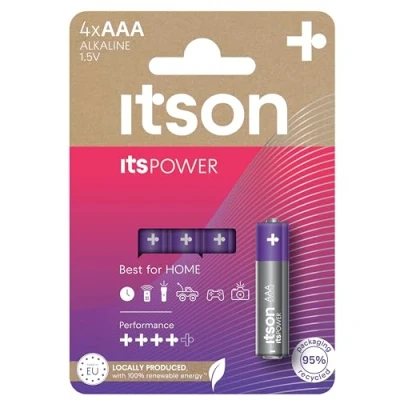 Abbildung von ITSON, Batterien AAA, 4 Stück, 1.5V, Alkaline Batterien, für Uhren, Taschenlampen, Fernbedienungen, umweltfreundliche Verpackung 95% recycelt