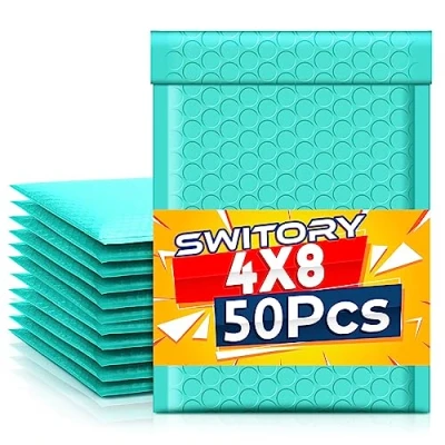 Abbildung von Switory 50pcs 10.2x17.7cm Versandtaschen, Polsterumschläge Gepolsterte Umschläge Bubble Lined Poly Mailer Selbstversiegelnde Blaugrün für die Verpackung