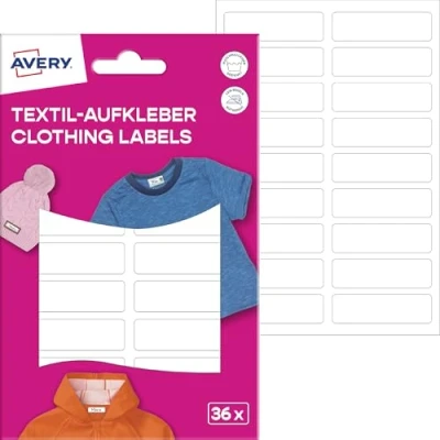 Abbildung von AVERY Zweckform ETVET36 Namensaufkleber wasserfest für Kleidung 36 Stück (13x45mm, Vinyl Folie, selbstklebende Textil Etiketten, beschriftbare Textilaufkleber, Waschmaschine, Trockner) weiß