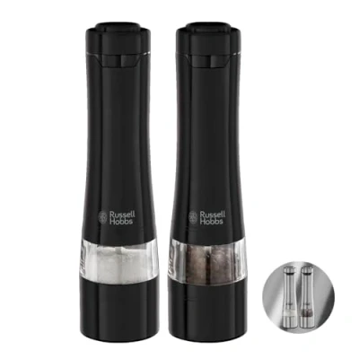 Abbildung von Russell Hobbs Salz und Pfeffer Mühle elektrisch [2er Set] Schwarz (Keramikmahlwerk für getrocknete Gewürze &amp; Kräuter, Mahlgrad einstellbar fein bis grob, LED Beleuchtung) Gewürzmühlen 28010 56