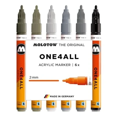Abbildung von Molotow One4All 127HS Acryl Marker Grey Set (2,0 mm Strichstärke, hochdeckend und permanent, schnell trocknend, nachfüllbar, für fast alle Untergründe) 6 Stück sortiert