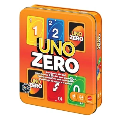 Abbildung von Mattel Games UNO Zero Kartenspiel in Aufbewahrungsdose zum Mitnehmen für Kinder, Erwachsene, Familienabende und Partys, enthält Punktekarte, 2 bis 8 Spieler, ab 7 Jahren, JLK16