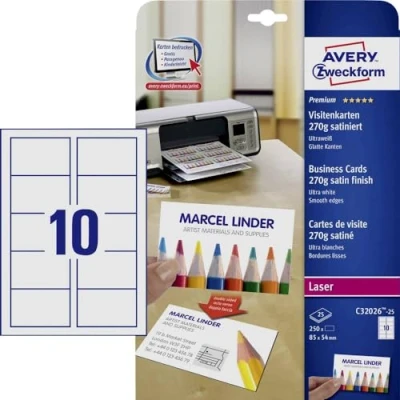 Abbildung von AVERY Zweckform C32026 25 Premium Visitenkarten, blanko (250 Stück, 270g, 85x54 mm, beidseitig bedruckbar, satiniert ultraweiß, absolut glatte Kanten, Blatt) zum Selbstbedrucken auf Laser Druckern