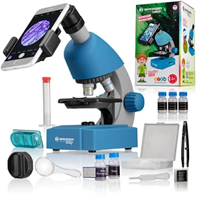Abbildung von Bresser Junior Einsteiger Mikroskop 40 640x mit Durchlicht LED Beleuchtung und 3 Objektiven, inklusive umfangreichem Zubehör wie Dauerpräparaten, Objektträgern Mikroskopierbesteck, blau