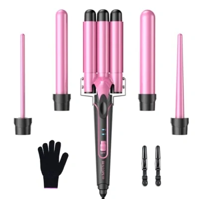 Abbildung von BESTOPE PRO set Welleneisen Lockenstäbe 3 Fässer für Große Keine Locken Keramik Lockenwickler Verschiedenen Aufsätzen Temperatureinstellung Schnelle Erwärmung Handschuh 2 Clips Rose Gold 5 in 1