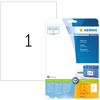 Abbildung von HERMA 8637 Universal Etiketten, 10 Blatt, 210 x 297 mm, 1 pro A4 Bogen, Stück, selbstklebend, bedruckbar, matt, blanko Papier Klebeetiketten Aufkleber, weiß