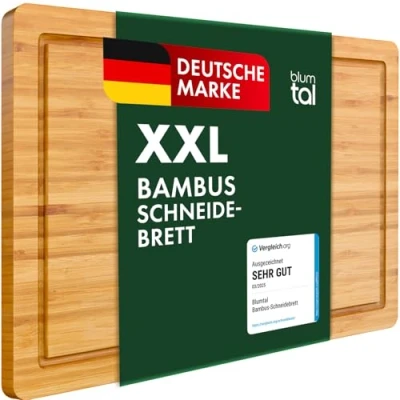 Abbildung von Blumtal Schneidebrett aus 100% Bambus 2cm dickes Holzbrett antibakterielle massives Holz mit Saftrille Holzschneidebrett 45x30x2cm alternative zu Kunststoff