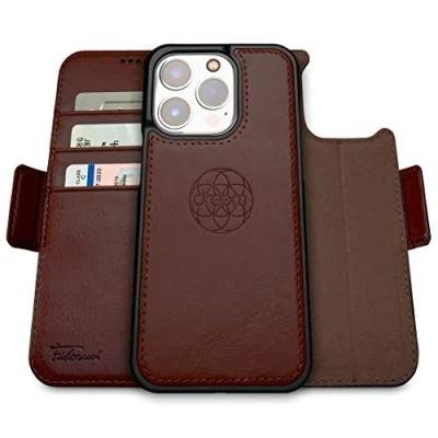 Abbildung von Dreem Fibonacci kompatibel mit iPhone 14 Pro Max Brieftaschen Etui / 2 in 1 stoßfestes und abnehmbares Folio aus veganem Leder, MagSafe kompatibel, RFID Schutz [Kaffee]