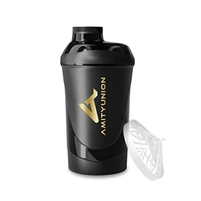 Abbildung von AMITYUNION Eiweiss Shaker Deluxe 800 ml BPA frei, auslaufsicher, mit Sieb &amp; Skala für Cremige Protein Shakes, Gym Fitness Becher Isolate Sport Konzentrate, Shaker, Schwarz Goldenes Logo