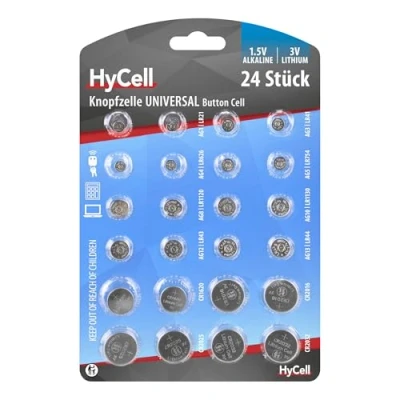 Abbildung von HyCell 24x Knopfzellen Sparset/Je 2X CR2032 CR2025 CR2016 CR1620 LR41 LR43 LR44 LR626 LR621 LR754 LR1120 LR1130 / Ideal für Autoschlüssel TAN Gerät Kinderspielzeug Uhren etc.