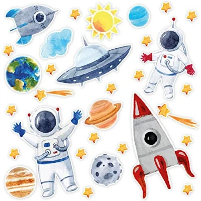 Abbildung von Aufkleber Set mit 31 Weltall I DIN A4 Bogen Sonne Mond und Sterne Rakete Astronauten Planeten für Handy Kinder Geburtstag Zimmer Schultüte Scrapbooking kfz_667