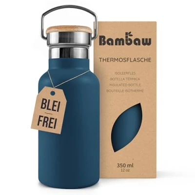 Abbildung von Bambaw Thermosflasche 350 ml, Edelstahl Trinkflasche Blau, Thermos Kinder, Wasserflasche, Flasche Isoliert, Thermoflasche Klein Azurblau