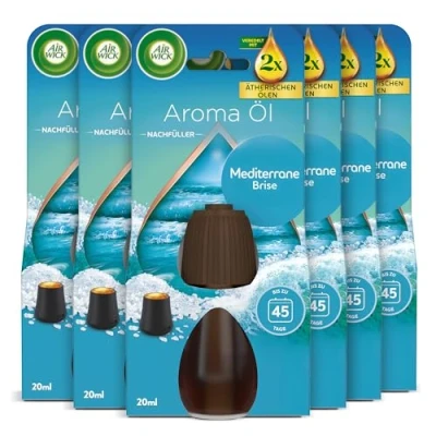 Abbildung von Air Wick Aroma Öl Flakon Nachfüller Duft: Mediterrane Brise Zitrischer Wohnungsduft mit ätherischen Ölen 6 x 20ml Duftöl Set