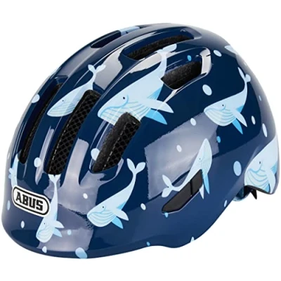 Abbildung von ABUS Kinderhelm Smiley 3.0 Fahrradhelm mit tiefer Passform, kindergerechten Designs &amp; Platz für einen Zopf Mädchen und Jungs Blau Wal Muster, Größe S