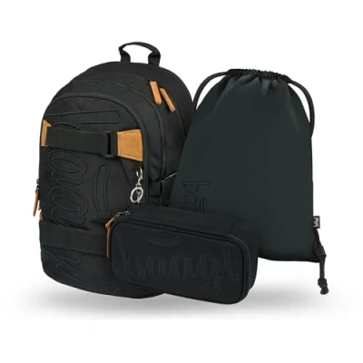 Abbildung von Baagl Schulrucksack Set Jungen Mädchen 3 Teilig, Schultasche ab 3. Klasse, Grundschule Ranzen mit Brustgurt, Ergonomischer Schulranzen (Darkness)
