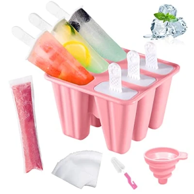 Abbildung von AmzKoi Eisformen Eis am Stiel Silikon, 6 Zellen Formen BPA Frei für Kinder, Erwachsen und Baby, Popsicle Set mit Reinigungsbürste Falttrichter (Rosa)
