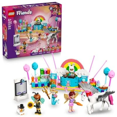 Abbildung von LEGO Friends Kostümparty mit Einhorn und Fee Spielzeug für Mädchen ab 6 Jahren, inkl. Bühne, DJ Pult, 4 Mini Puppen, Kater Churro &amp; Pferd als Tierfigur, Plus Zubehör Geschenkidee 42661