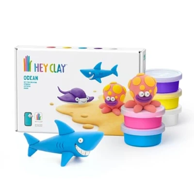 Abbildung von Hey Clay Ocean: Hai, Krake, Stachelrochen Set Bunte Modellierung Kinder Lufttrocknen Ton Kit 6 Dosen mit Spaß Interaktive Anleitung App