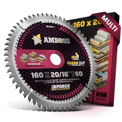 Abbildung von HM Kreissägeblatt 160x20 16 Z60 Flachzahn mit Wechselfase für Multi Feinschnitt. AMBOSS WERKZEUGE® Sägeblatt 160mm +Reduzierring 20mm. 160x16 komp. zu Bosch PKS 55 A Metabo KS Scheppach