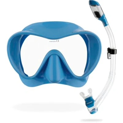 Abbildung von Cressi F1 + Dry Combo Rahmenlose Maske Schnorchel Set zum Tauchen und Schnorcheln, Metallisiertes Blau, Einheitsgröße, Unisex Erwachsene