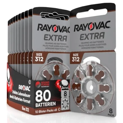 Abbildung von 80 Batterien für Hörgeräte Rayovac Extra Größe 312 mit Sound Fusion Technologie 10 Blister 8