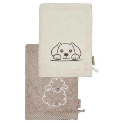 Abbildung von Sterntaler Waschlappen 2er Pack Bauernhof Frottee Babywaschhandschuh aus saugfähiger, weicher Baumwolle, sorgt für Spaß beim Baden und Duschen Baby Kinder mit Stickerei, sandfarben