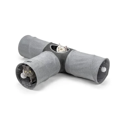 Abbildung von lionto 3 Wege Katzentunnel mit Spielball, 30x120x80 cm, Faltbarer erweiterbarer Spieltunnel aus pflegeleichtem Faux Linen Material für Katzen, Robustes Katzenspielzeug, 30 cm Durchmesser