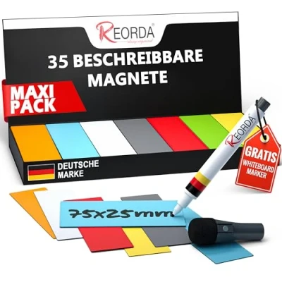 Abbildung von Reorda® Magnetstreifen beschreibbar 35 Stück (7 Farben) 75x25 mm I Wiederbeschreibbar, Beschreibbare Magnete für Whiteboard, Kanban, Magnettafel Beschriftbare den Kühlschrank
