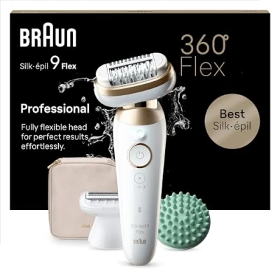 Abbildung von Braun Silk épil 9 Flex, Epilierer Damen / Haarentferner für langanhaltende Haarentfernung, Rasieraufsatz, Massageaufsatz, Made in Germany, 071 3D, weiß/Gold