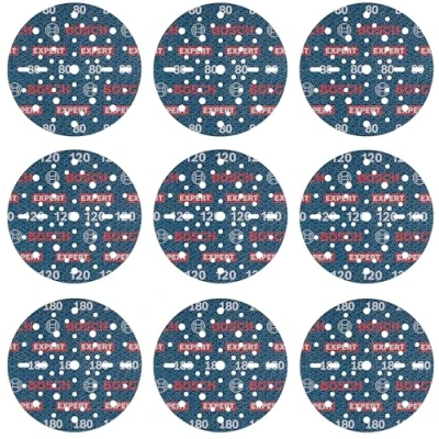 Abbildung von Bosch 9x EXPERT O780 Folienschleifscheiben Set, 150 mm, 9‑tlg. (für Hartholz, Farbe auf Holz, Ø Körnung 3x80, 3x120, 3x180, Professional Zubehör Exzenterschleifer)