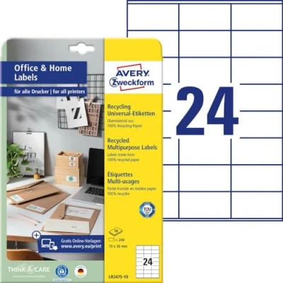 Abbildung von AVERY Zweckform LR3475 10 Recycling Etiketten (240 Adressaufkleber, 70x36mm auf A4, 100% recyceltes Altpapier, bedruckbare Adressetiketten, selbstklebende Klebeetiketten) Blatt, naturweiß
