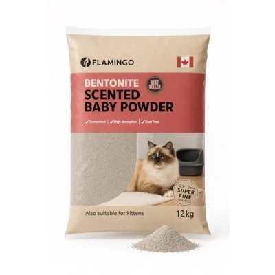 Abbildung von Flamingo Klumpstreu Kanada aus Bentonit mit Babypuderduft Feine Körnung, 12 kg für 10 Wochen, Ideal Maine Coon, Britisch Kurzhaar, Ragdoll, Norwegische Waldkatze usw.