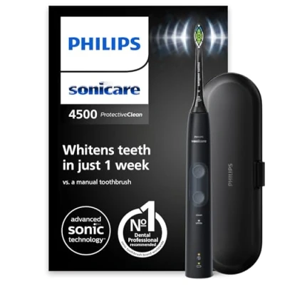 Abbildung von Philips Sonicare ProtectiveClean 4500 elektrische Zahnbürste, Schallzahnbürste mit 2 Putzmodi, Clean und White, Drucksensor, Timer Reiseetui, Schwarz, Modell HX6830/53