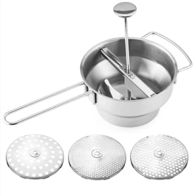Abbildung von Navaris Passiergerät aus Edelstahl mit 3x Siebeinsatz Passiermühle für Suppe Marmelade Baby Brei Saucen 3 Stück Sieb Einsätze Mühle Presse langlebigem Edelstahldesign
