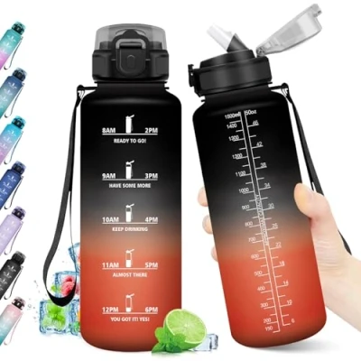 Abbildung von Trinkflasche 1.5L, mit Zeitmarkierung, Sport Wasserflasche Strohhalm, Auslaufsicher, BPA frei, für Gym, Fahrrad, Büro, Outdoor, Erwachsene, Schule, Yoga,